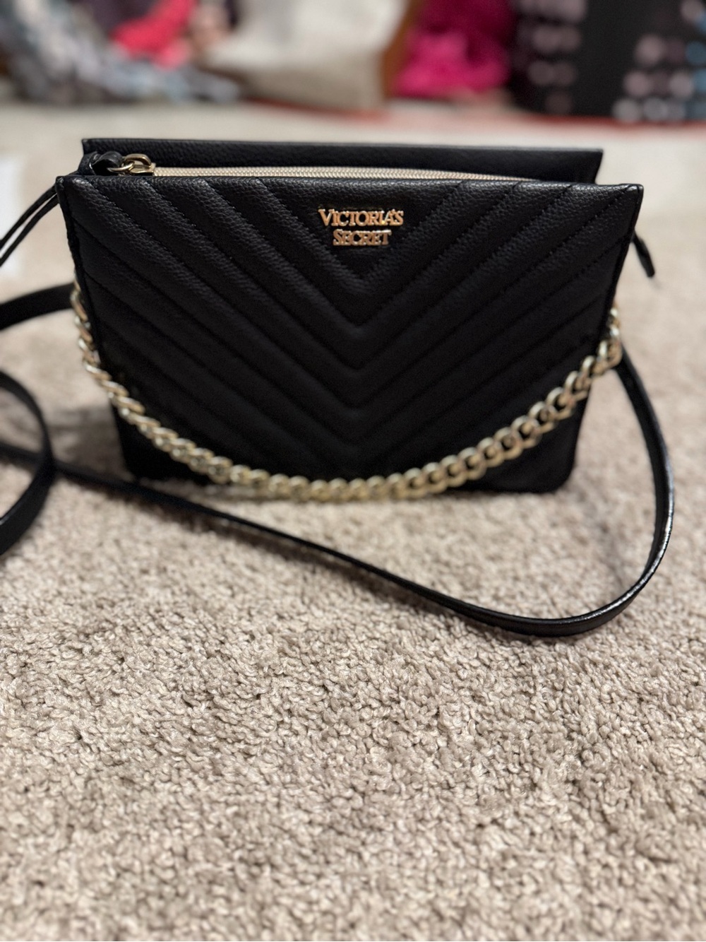 Victoria's Secret Black Quilted Crossbody with Gold Chain Detail